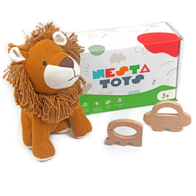 Nesta Toys Newborn Gift Set - Lion Plush Toy, Wooden Elephant & Car Teether Hover Image