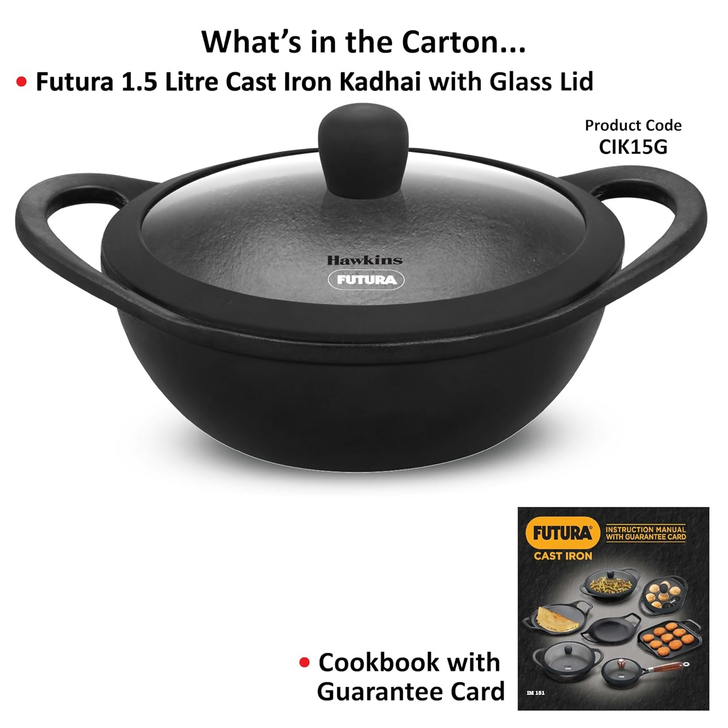 Hawkins Futura Cast Iron Nonstick Kadai with Glass Lid - Black (CIK15G)