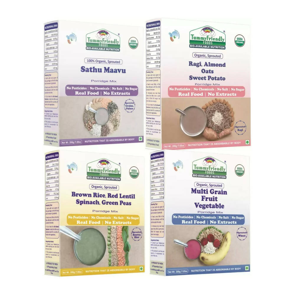 TummyFriendly Foods Organic Certified Stage3 Sprouted Porridge Mixes Combo- Brown Rice, Multi-Grain, Sprouted Ragi, and Sathu Maavu