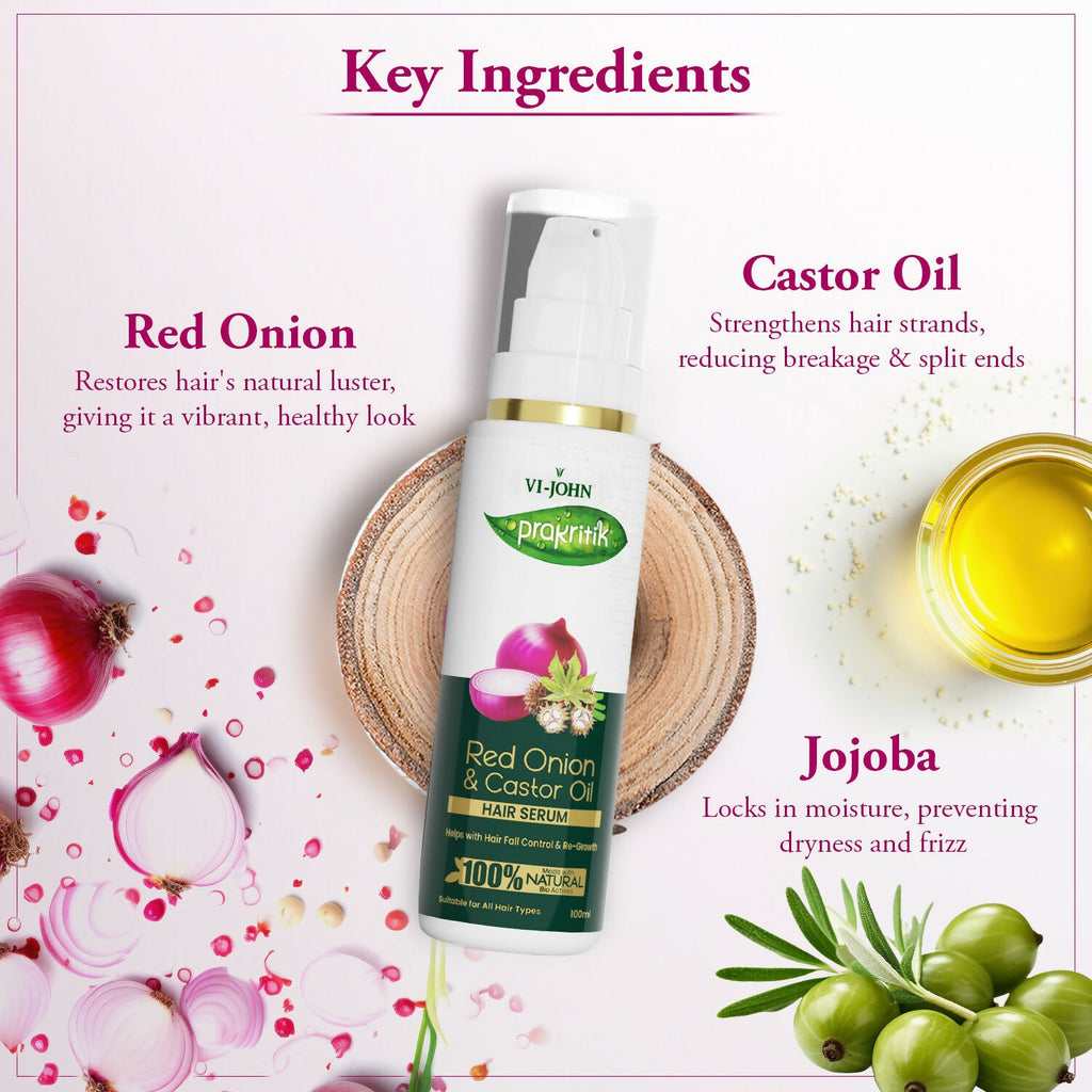 VI-JOHN Prakritik Red Onion & Castor Oil Hair serum, Reduces Hair Loss, 100% Natural Bio Actives Hair Oil