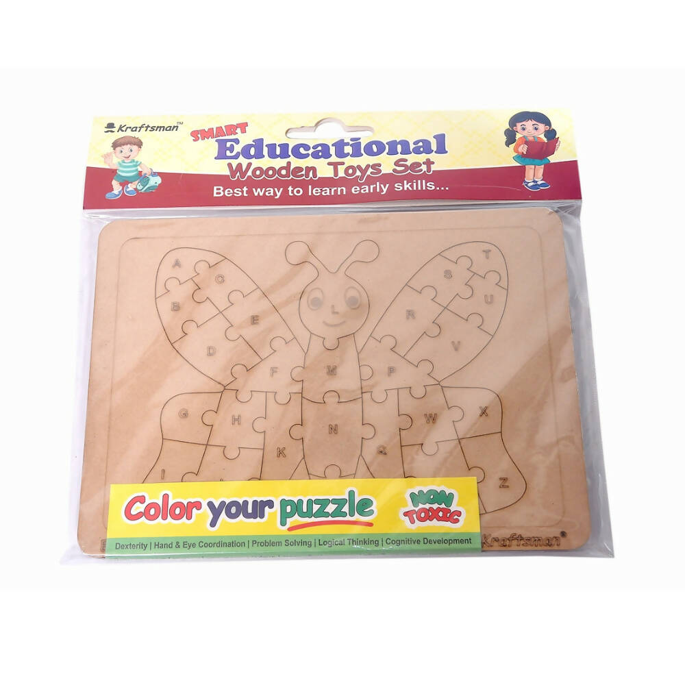 Kraftsman English Alphabets Wooden Jigsaw Puzzles Butterfly Shape Puzzle | Color Kit Included