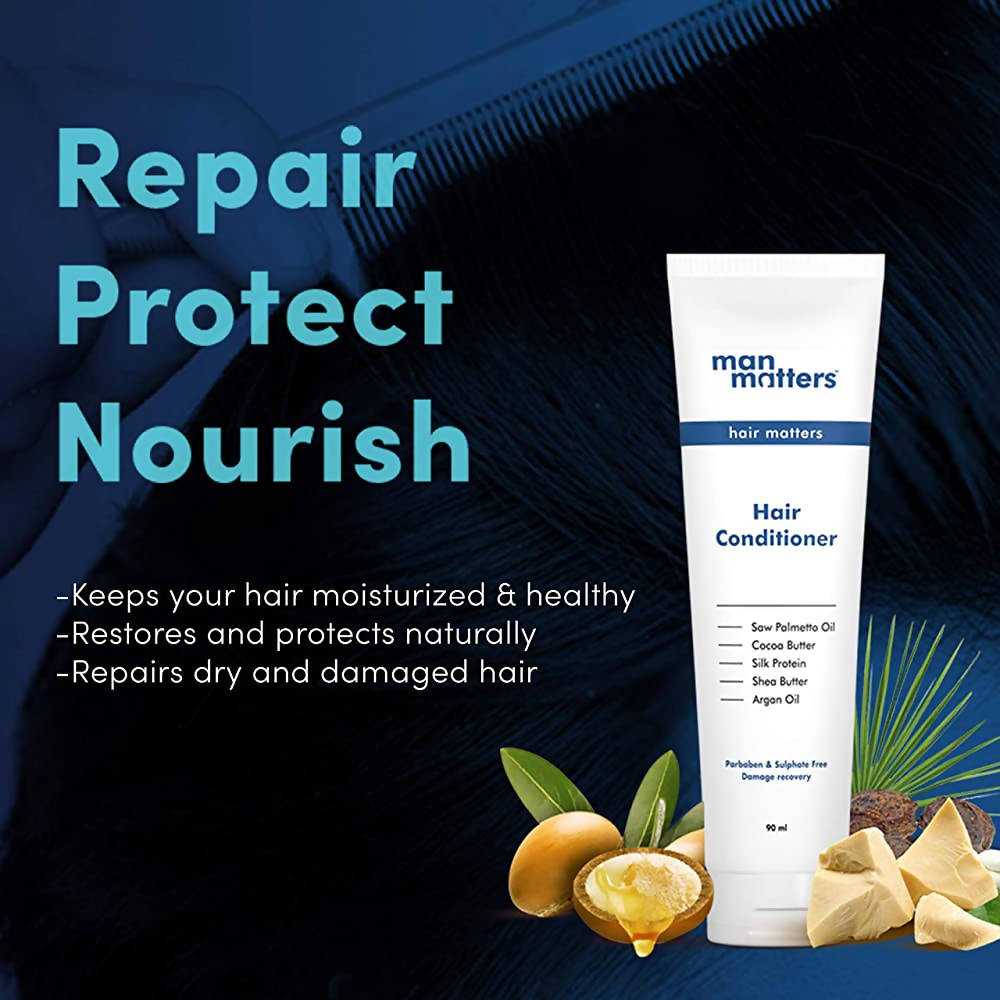 Man Matters Hair Conditioner For Men With Silk protein, Shea butter, Argan Oil, Cocoa Butter, & Saw Palmetto Oil.