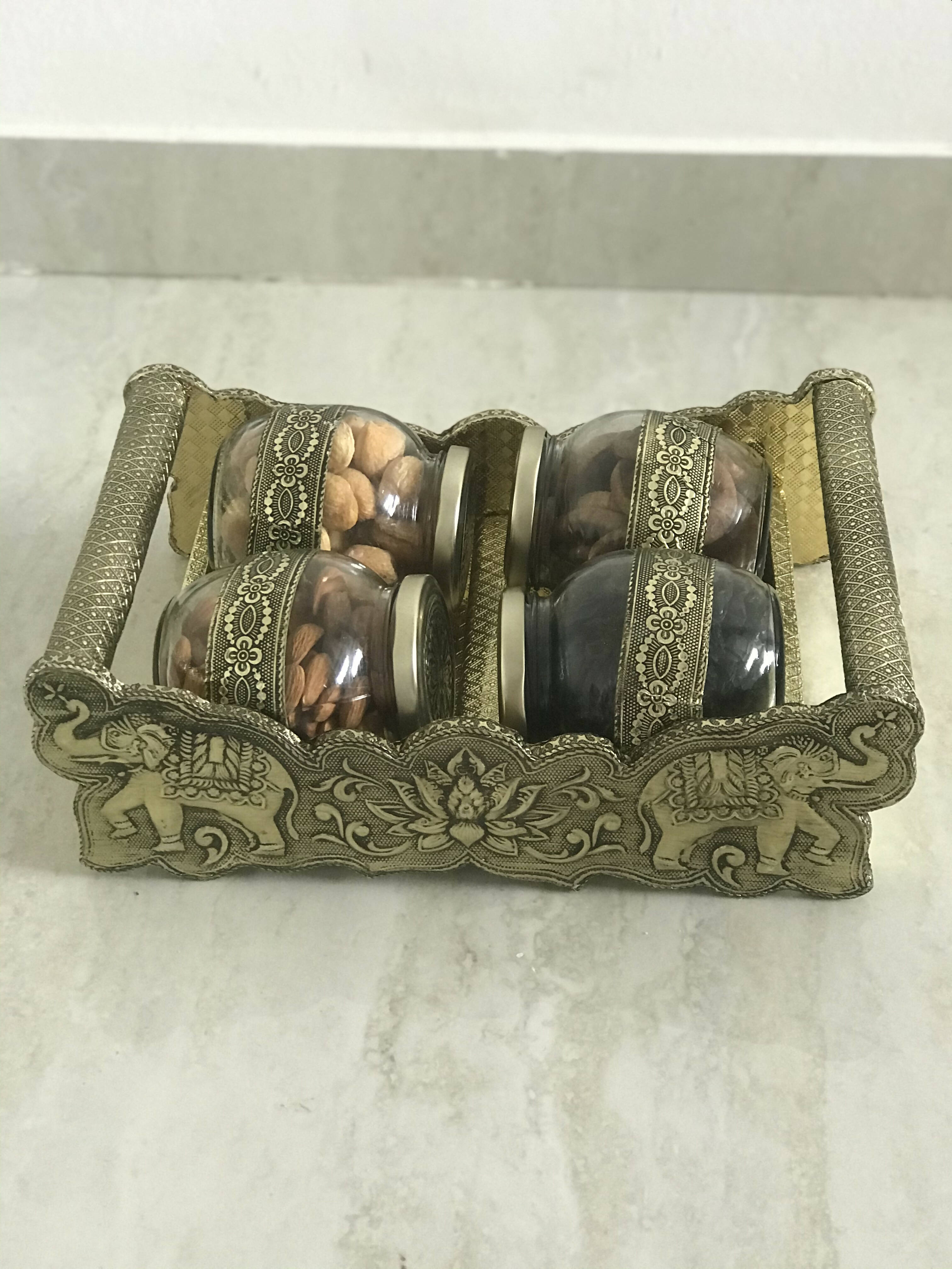 SK Mithaii | Assorted 4 Designed Jar Dry Fruit Tray | Almonds | Apricots | Figs | Black Resins