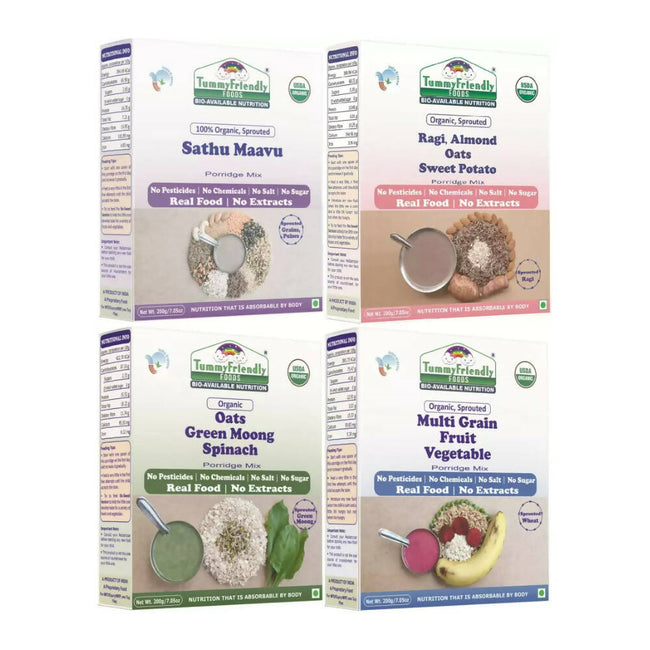 TummyFriendly Foods Organic Certified Stage3 Sprouted Porridge Mixes Combo - 4 Packs With Oats for 8 Months Old Baby Hover Image