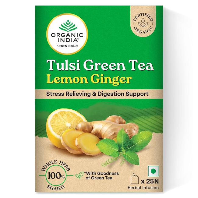 Organic India Tulsi Green Tea Lemon Ginger 25 Tea Bags Hover Image