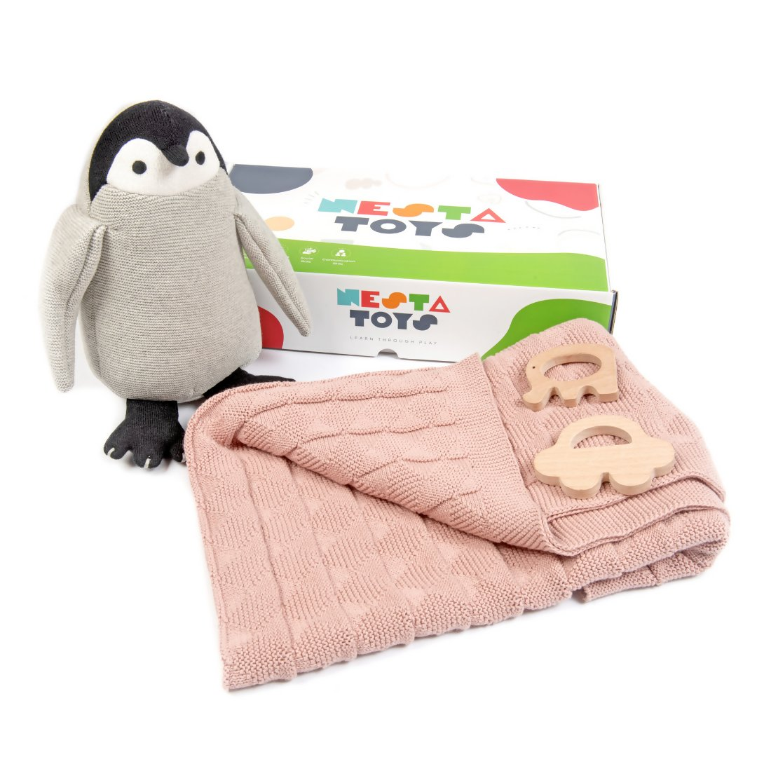 Nesta Toys Newborn Gift Set - Knitted Cotton Blanket, Penguin Plush Toy, Elephant & Car Teether