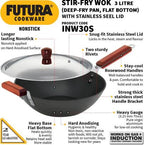 Hawkins Futura Stir Fry Wok with Stainless Steel 27 cm Diameter 3 L (INW30S)