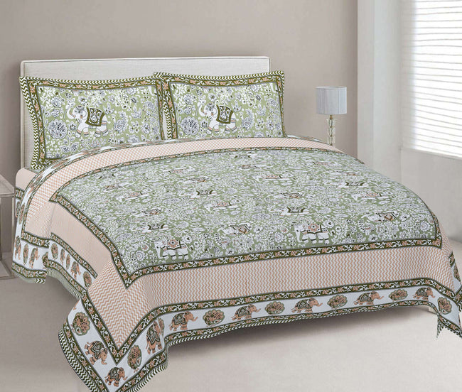 Rudra Bazaar Green 210 TC Cotton Double King Bedsheet With 2 Pillow Covers Hover Image