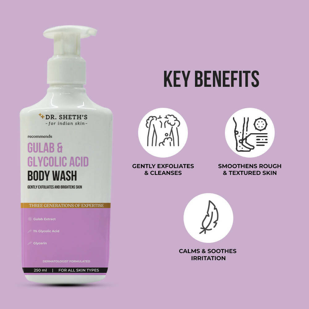 Dr. Sheth's Gulab & Glycolic Acid Exfoliating Body Wash For Smoother Even-Toned Skin With Gulab Extract For All Skin Types