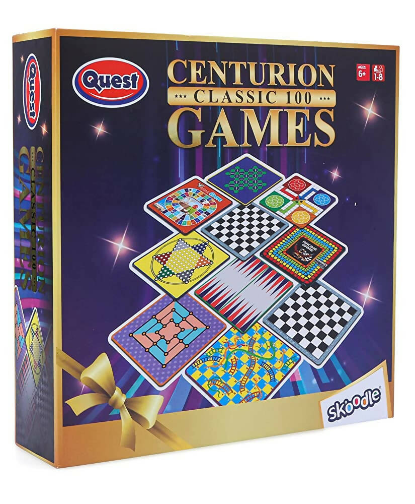Skoodle Quest Centurion 5 Double Sided 100 Classic Family Board Games Collection 3D Box for Adults & Kids Chess, Ludo, Checkers & More - Age 3+Years