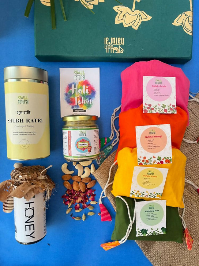 Shuddh Natural Ubtan Based Herbal Gulal, Ayurvedic Thandai Powder, Floral Tisane, Natural Honey | Holi Gift Hamper Hover Image