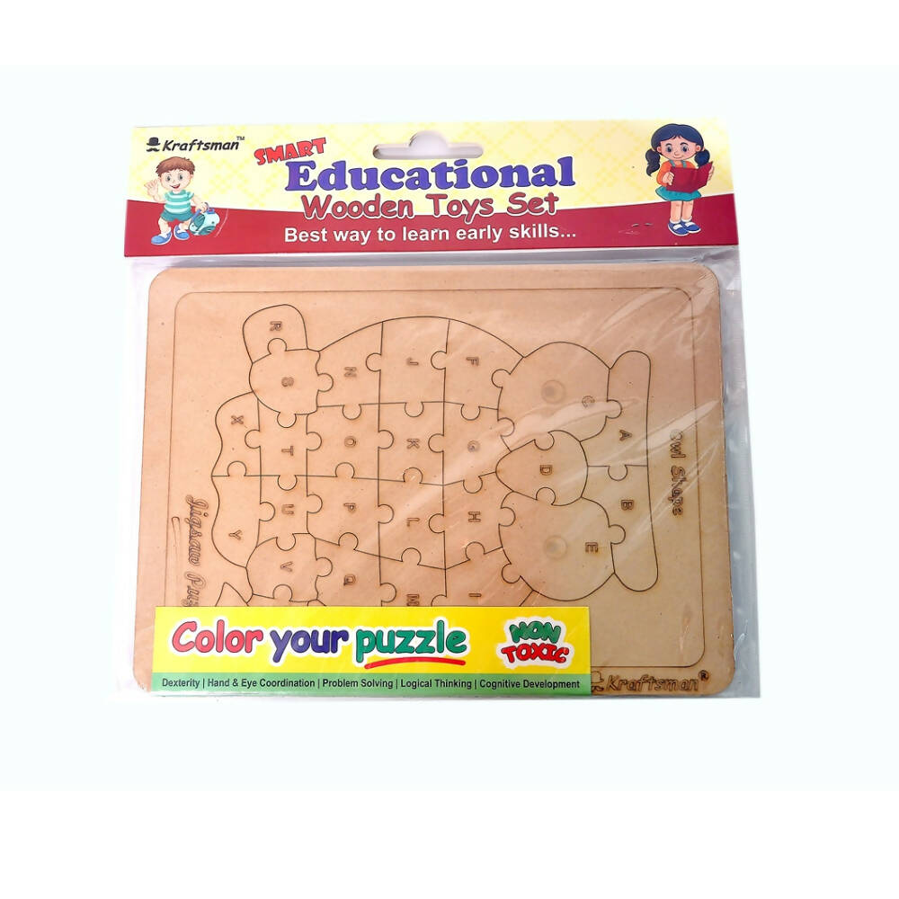 Kraftsman English Alphabets Wooden Jigsaw Puzzles Owl Shape Puzzle | Color Kit Included