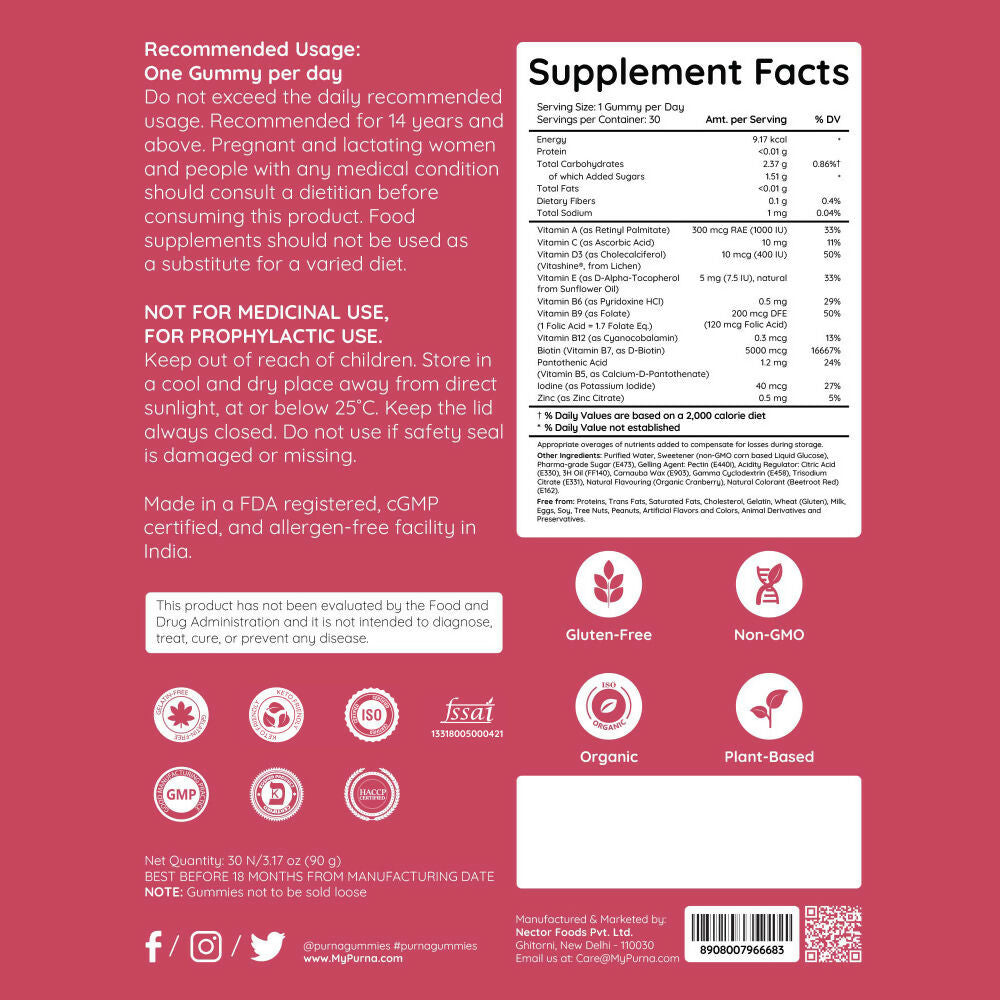 Purna Gummies Biotin Cranberry Flavour Gummies with Vitamin B 12 for Stronger Hair and Nails