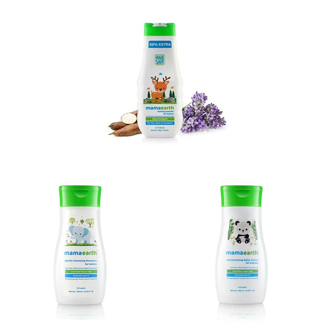 Mamaearth Dusting Powder & Gentle Cleansing Shampoo & Daily Moisturizing Lotion Hover Image