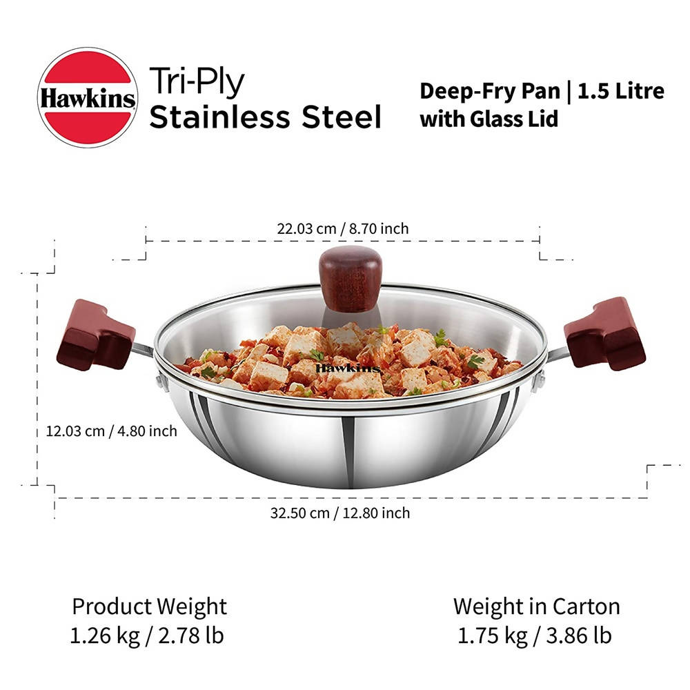 Hawkins Tri-Ply Stainless Steel Deep-Fry Pan with Glass Lid Silver (SSD15G)