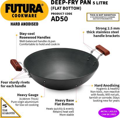 Hawkins Futura Hard Anodised Deep Fry Pan Flat Bottom Kadhai 5 L (AD50) Main Image