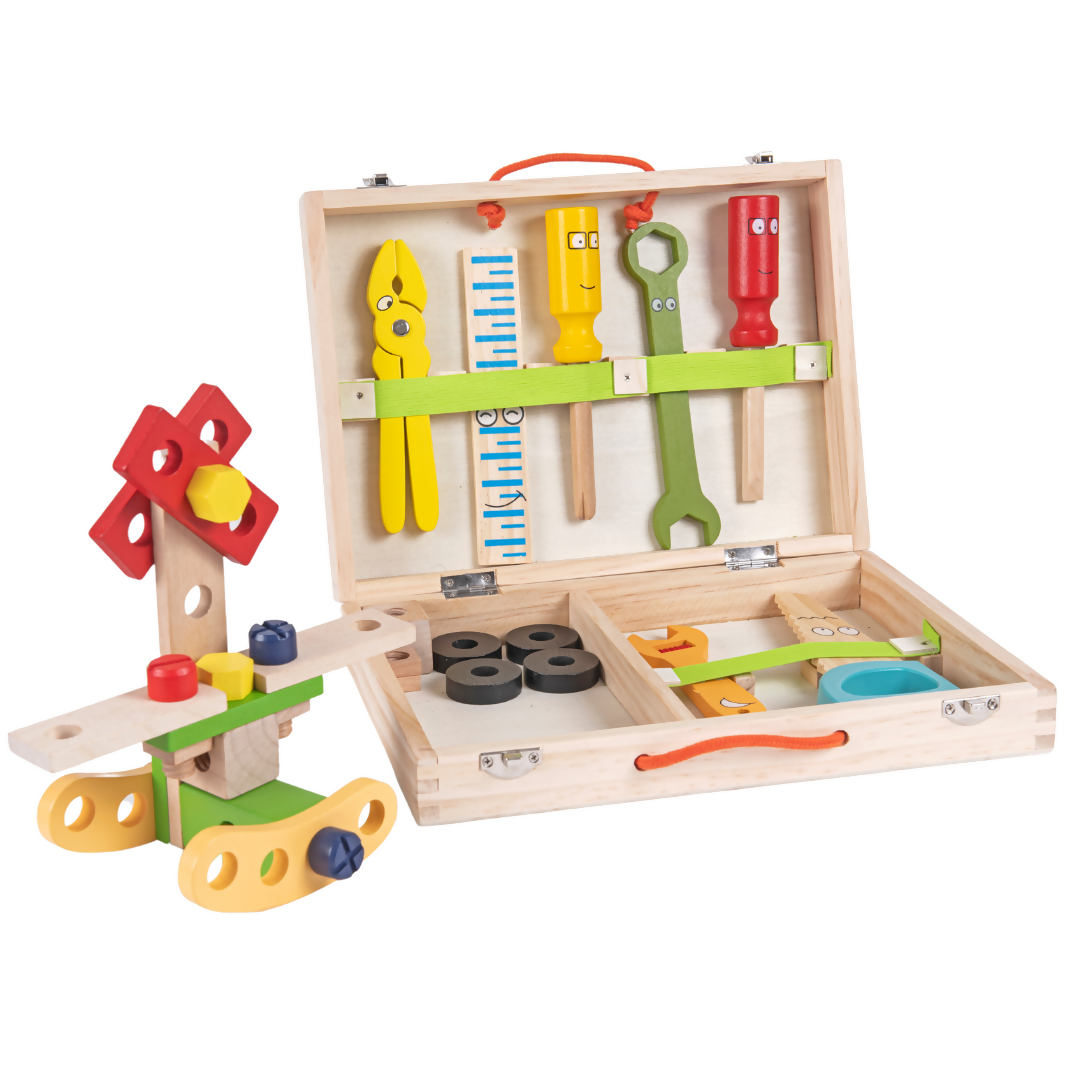 Nesta Toys Wooden Tool Kit Set with Tool Box, Pretend Play Portable Construction Tools Kit Toys for Kids, 36 Piece (3-8 Years)