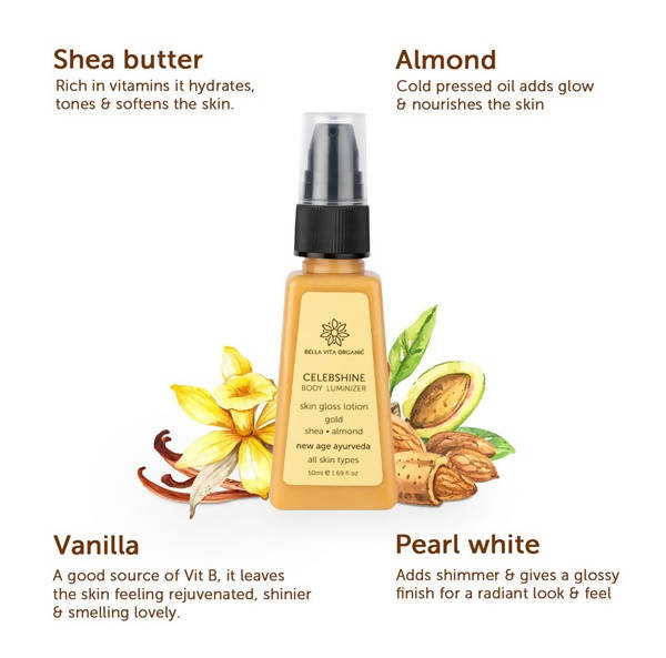 Bella Vita Organic Celeb Shine Body Luminizing Shimmer skin Gloss Lotion Gold Shea Butter Almond Main Image