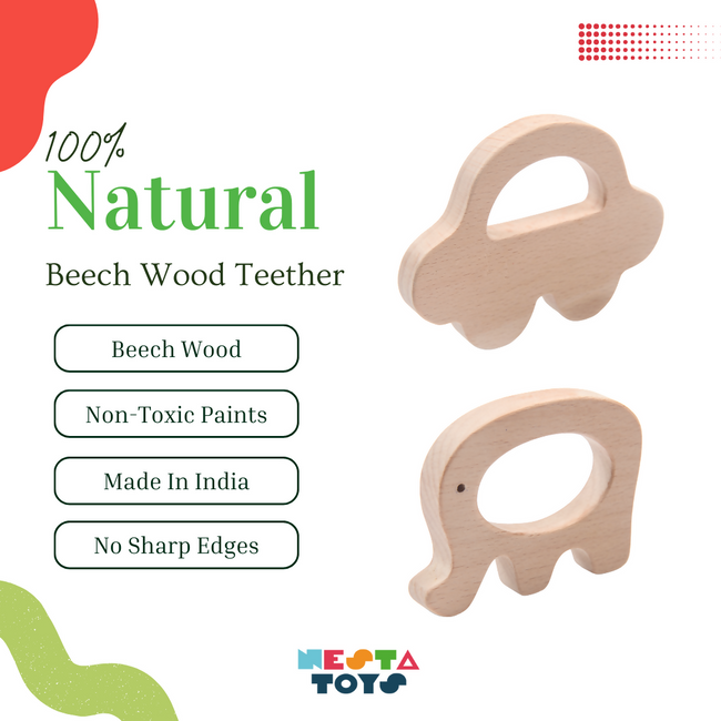 Nesta Toys Wooden Car & Elefant Teether Set, Beech Wood Teether for Babies Main Image