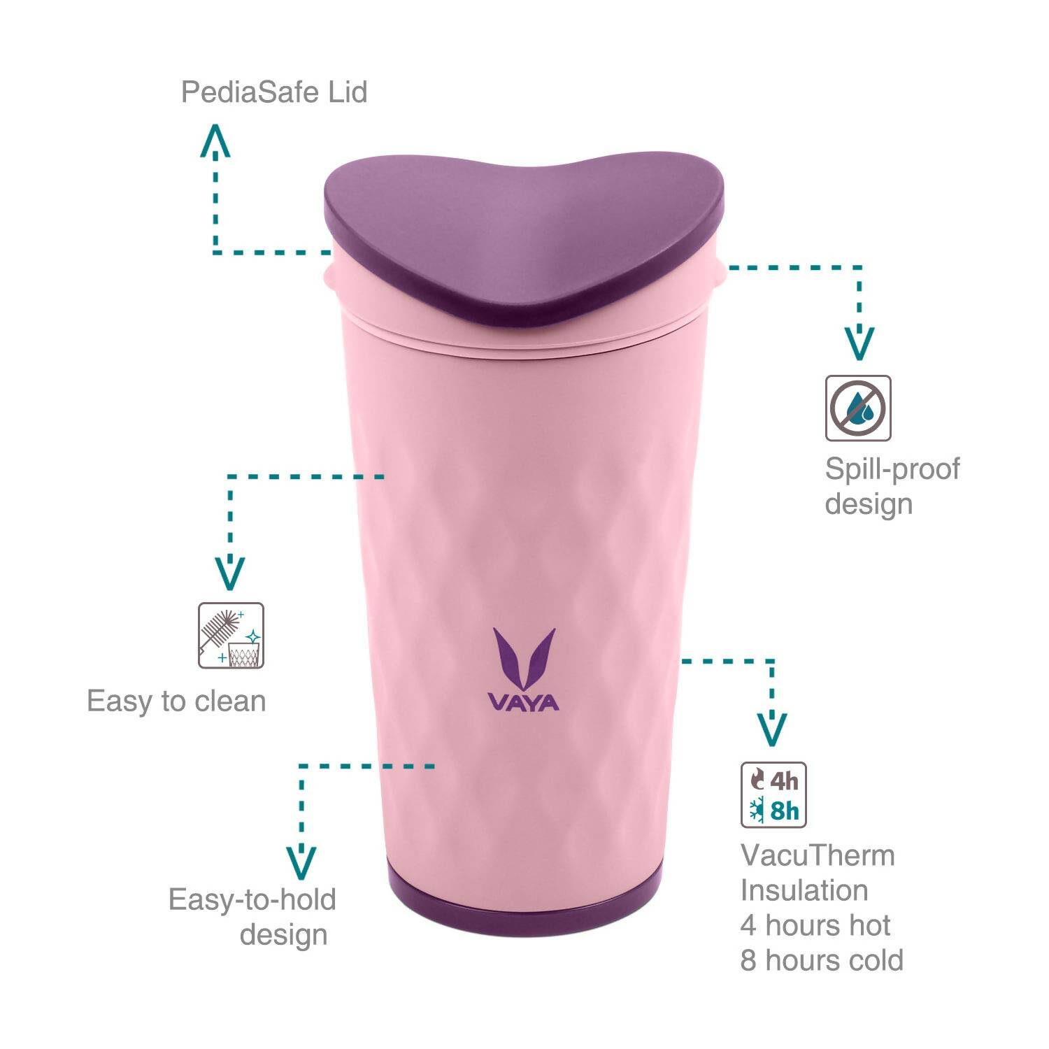 Vaya Drynk Kid'S Stainless Steel Tumbler With Spill-Proof Pediasafe Lid - 350ml (Pink)