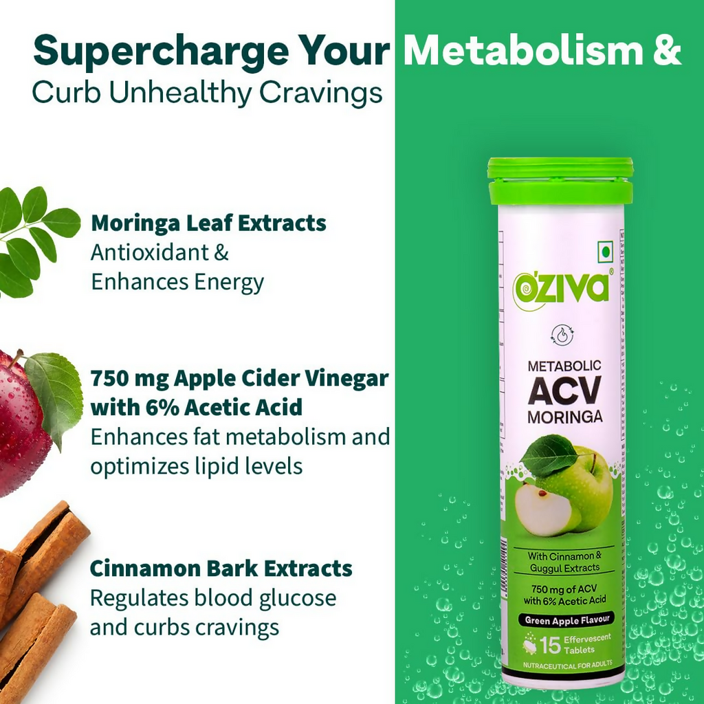 OZiva ACV Moringa For Weight Loss 3-in-1 Fat Oxidation Formula Tablets - Green Apple Flavor