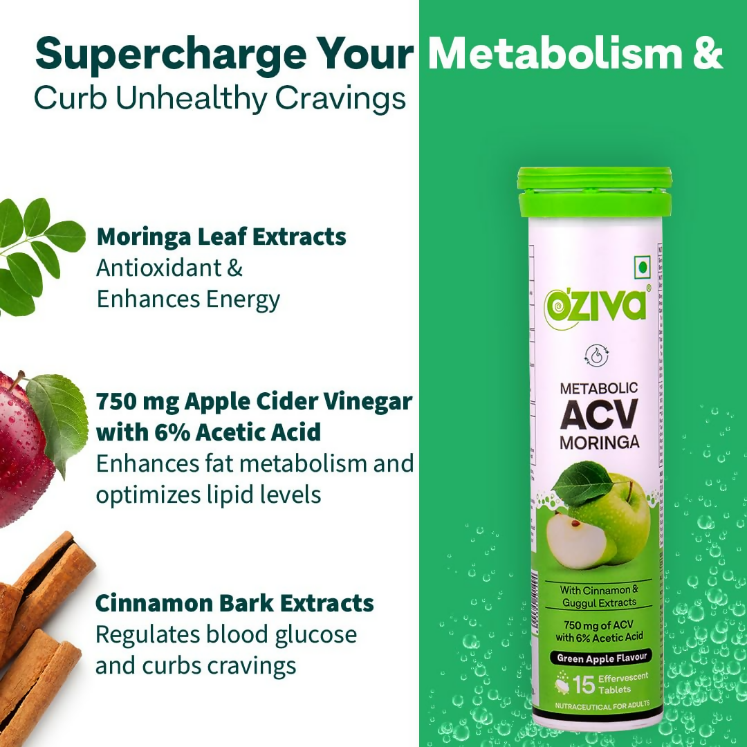 OZiva ACV Moringa For Weight Loss 3-in-1 Fat Oxidation Formula Tablets - Green Apple Flavor