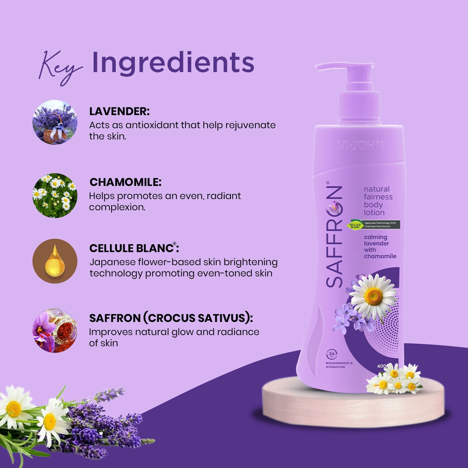 VI-JOHN Saffron Natural Fairness Body Lotion Calming Lavender with Chamomile Natural Moisturiser For Soft, Even-Toned & Radiant Skin Suitable for All Skin Types