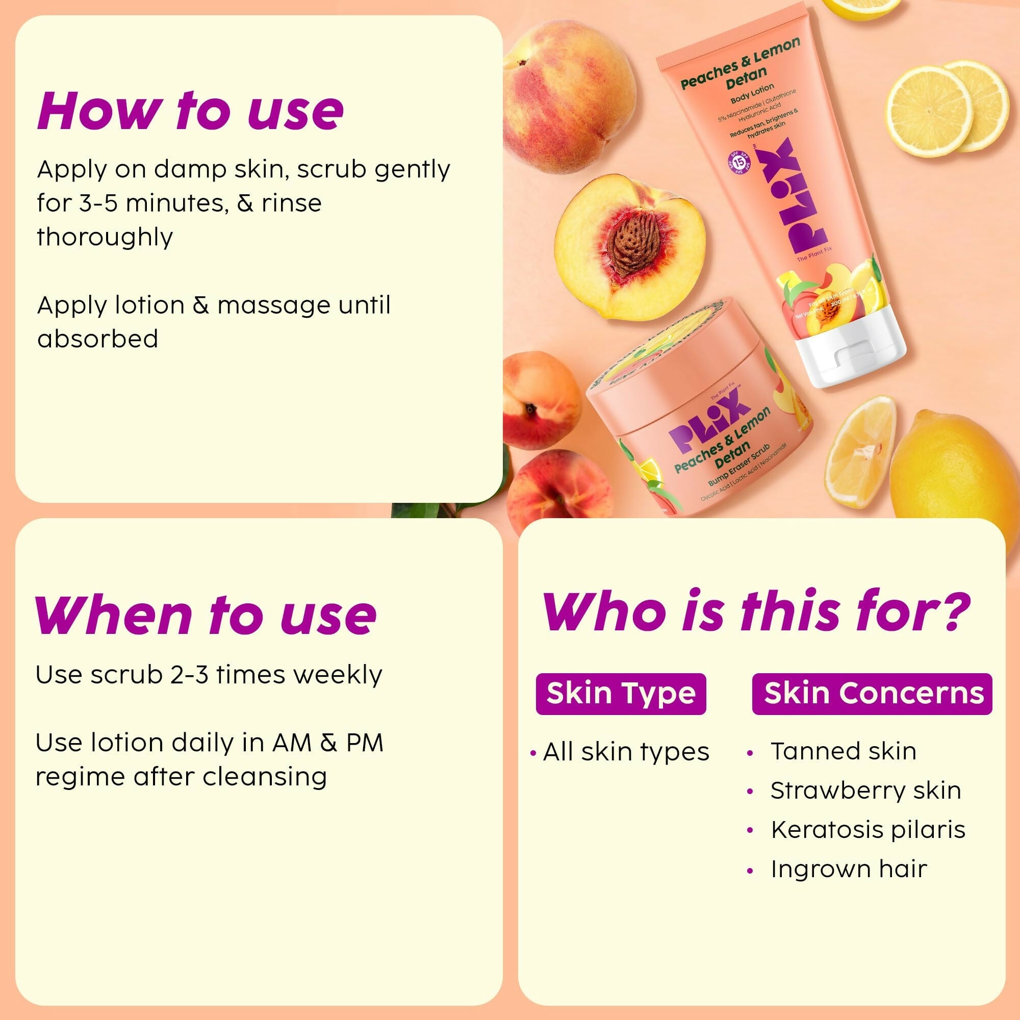 PLIX The Plant Fix Peaches & Lemon Detan Bump Eraser Scrub - Removes Tan & Restores Skin’s Moisture, Reduces Dark Spots