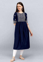 PAVONINE Navy Blue Color Burfi Design Embroidery Dress For Women