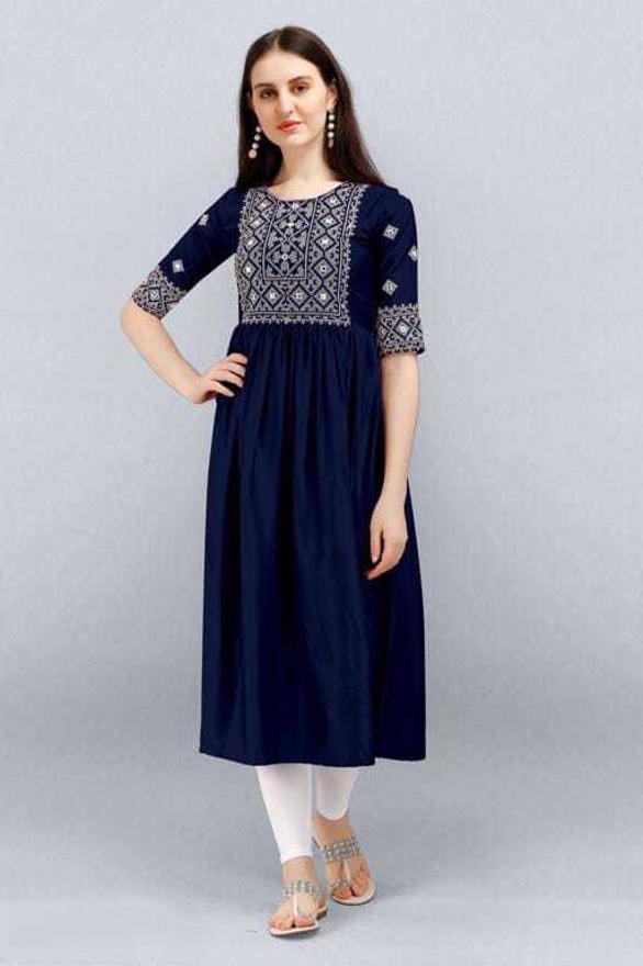 PAVONINE Navy Blue Color Burfi Design Embroidery Dress For Women Hover Image