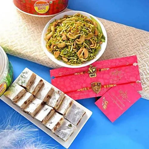 Sea Blue Embellished Rakhi & Kaju Anjeer Barfi Hamper Hover Image