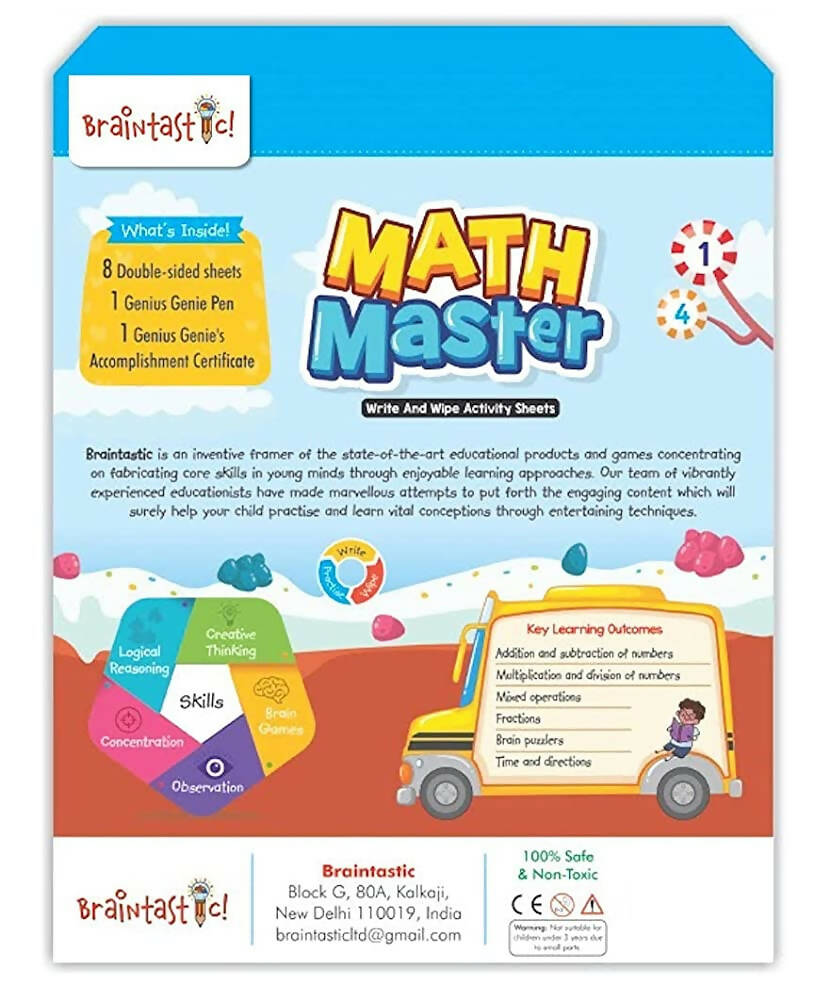 Braintastic Educational Game: Math Master (6-99 Years) Write & Wipe Reusable Activity Sheets with Free Puzzle for Kids