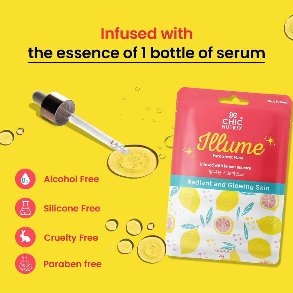 Chicnutrix Korean Illume Face Sheet Mask Infused With Lemon Essence Rich In Vitamin C Radiant and Glowing Skin, Korean Skincare