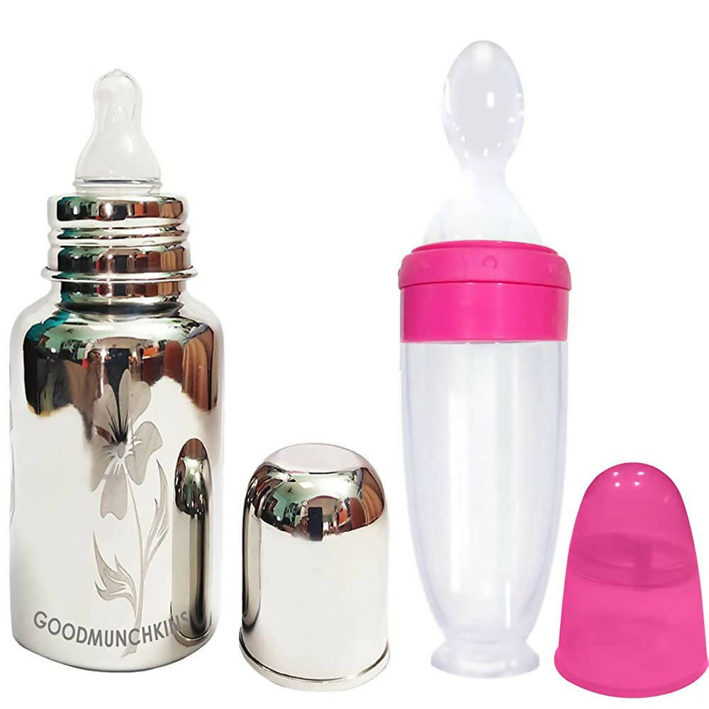 Goodmunchkins Stainless Steel Feeding Bottle With Spoon Food Feeder for Baby Anti Colic Silicon Nipple Feeder 300 ml Combo Pack-Pink