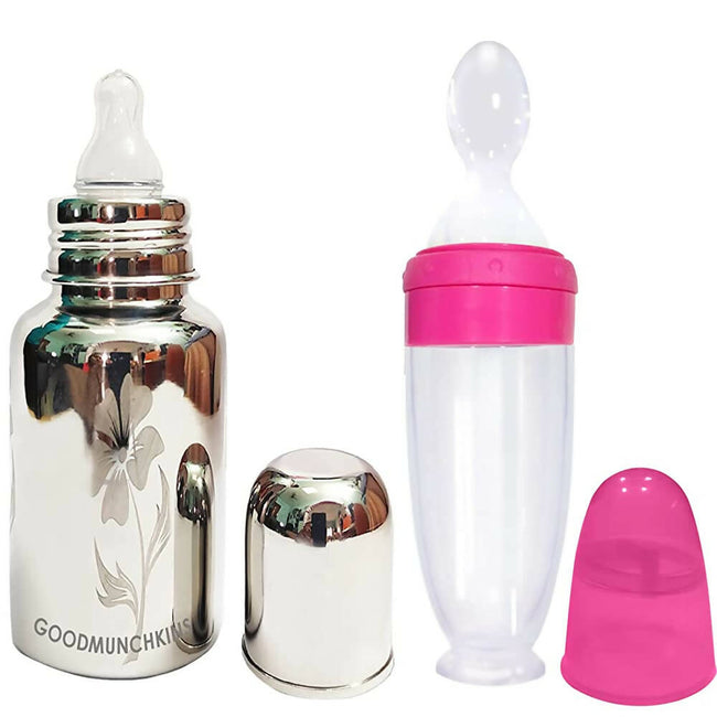 Goodmunchkins Stainless Steel Feeding Bottle With Spoon Food Feeder for Baby Anti Colic Silicon Nipple Feeder 300 ml Combo Pack-Pink Hover Image