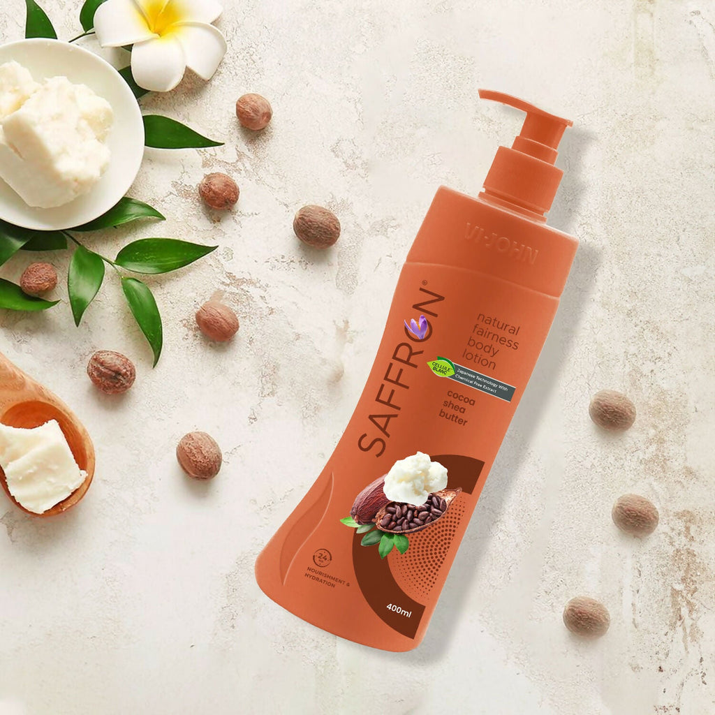 VI-JOHN Saffron Natural Fairness Body Lotion Cocoa Shea Butter Deep Nourishment Soft, Glowing Skin For All Skin Types