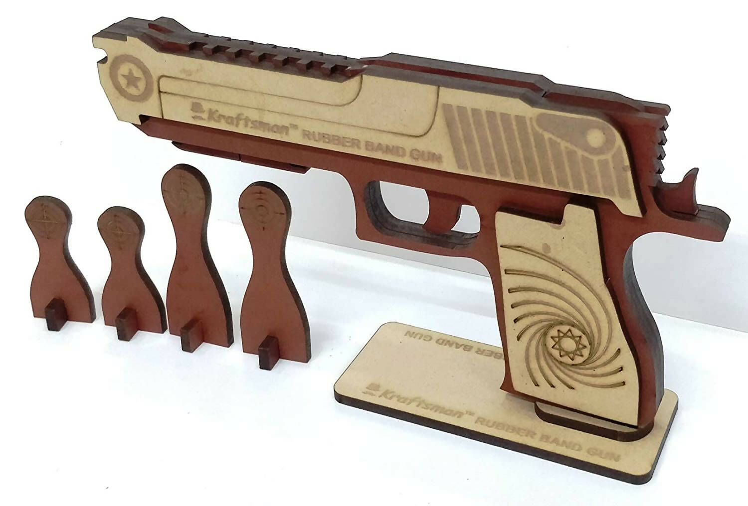 Kraftsman Kraftsman Semi-Automatic Wooden Rubber Band Shooting Gun Toys for Kids & Adults with Target | 5 Rapid Fire Shots (Dark Brown)