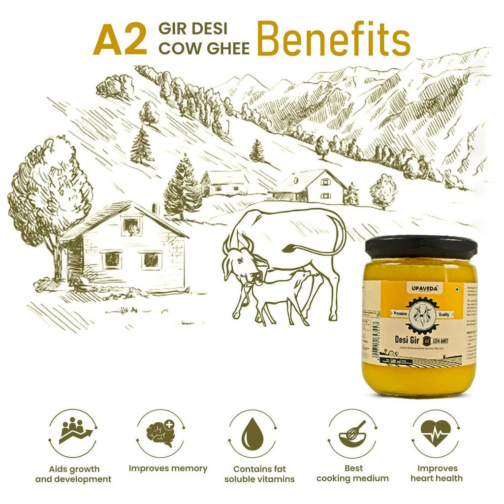 Upaveda A2 Pure Ghee| 100% Gir Cow Ghee | A2 Cow Desi Pure Ghee | Organic Grass Fed Cows | Traditional Bilona Method Ghee