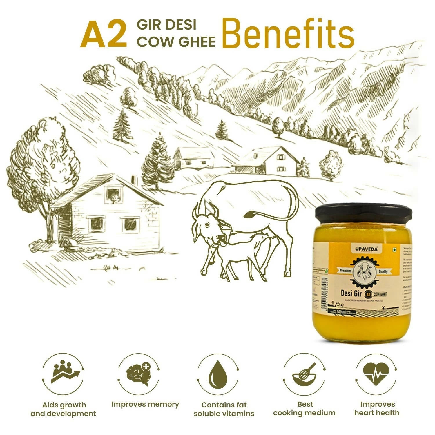 Upaveda A2 Pure Ghee| 100% Gir Cow Ghee | A2 Cow Desi Pure Ghee | Organic Grass Fed Cows | Traditional Bilona Method Ghee