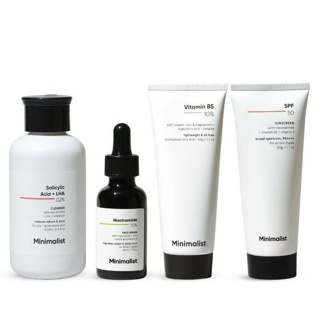 Minimalist Daily Skincare Routine CSMS (Cleanser, Serum, Moisturizer, Sunscreen) Combo For Oily & Acne Prone Skin Hover Image