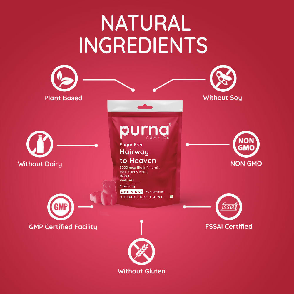 Purna Gummies Hair Biotin Cranberry Sugar Free Gummies with Vitamin B12 for Hair & Nail