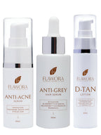 Flawora Anti-Grey Hair Serum, Anti Acne Serum and D-Tan Lotion Combo
