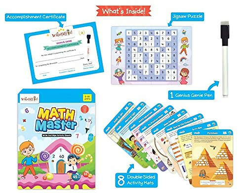 Braintastic Educational Game: Math Master (6-99 Years) Write & Wipe Reusable Activity Sheets with Free Puzzle for Kids