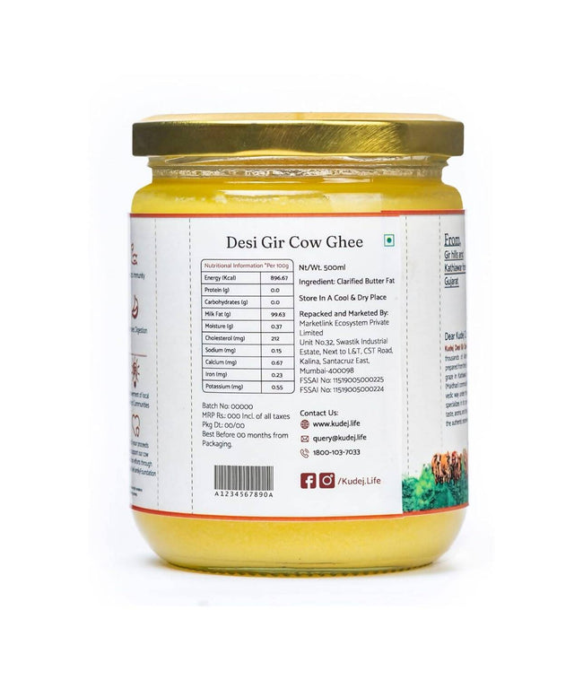 Kudej Desi Gir Cow A2 Ghee | 100% Desi Gir Cow Ghee | Certified Organic Ghee From A2 Milk Main Image