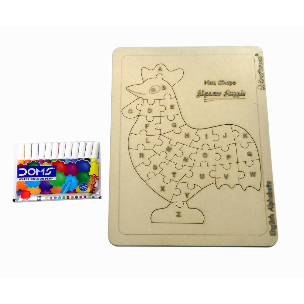 Kraftsman English Alphabets Wooden Jigsaw Puzzles Hen/Cock Shape Puzzle | Color Kit Included