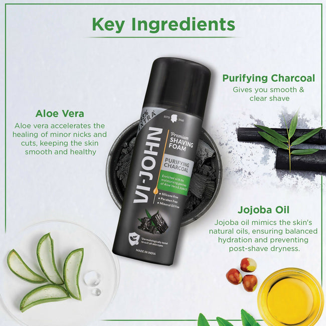 VI-JOHN Dermatologically Tested Premium Purifying Charcoal Shaving Foam Enriched with Aloevera & Jojoba Oil Free From Silicone, Paraben & Mineral Oil Main Image
