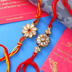2 Kundan Flower Rakhis & Mathura Peda Hamper Combo