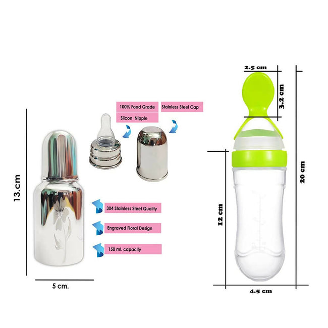 Goodmunchkins Stainless Steel Feeding Bottle & Spoon Food Feeder Anti Colic Silicone Nipple Combo-(Green,150ml) Main Image