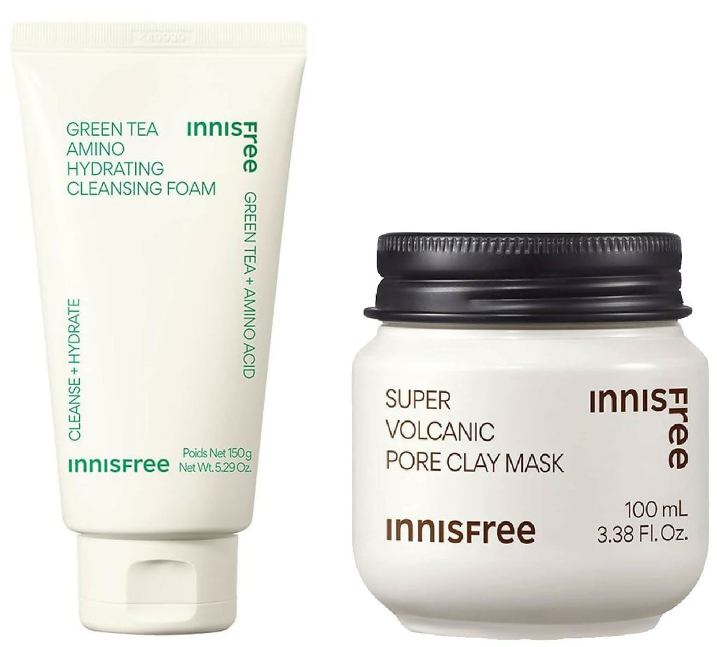 Innisfree Super Volcanic Pore Clay Mask 2X & Green Tea Foam Cleanser Combo