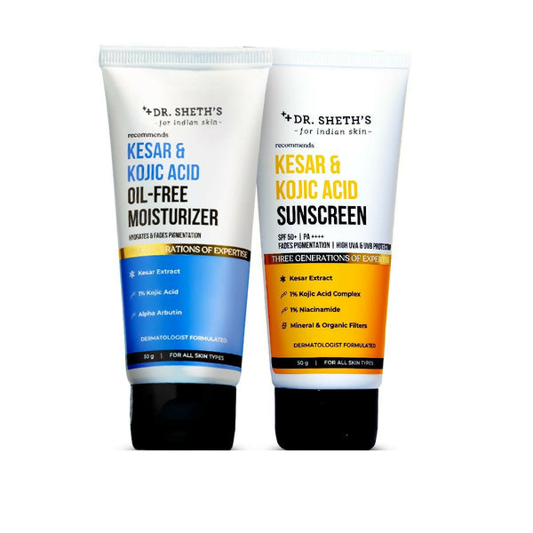 Dr. Sheth's Kesar & Kojic Acid Sunscreen & Oil-Free Moisturizer Combo - Hydrates & Fades Pigmentation